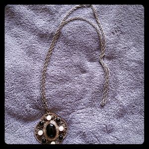 Long gold chained, black & pearl pendent necklace